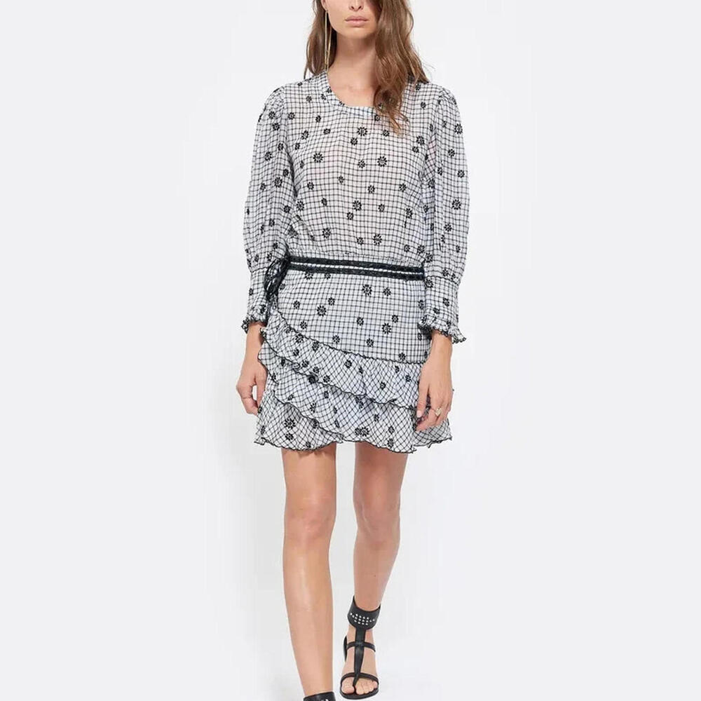 LoveShackFancy Women Small Charcoal Lorelei Mini Dress Ruffle Long Sleeve Cotton